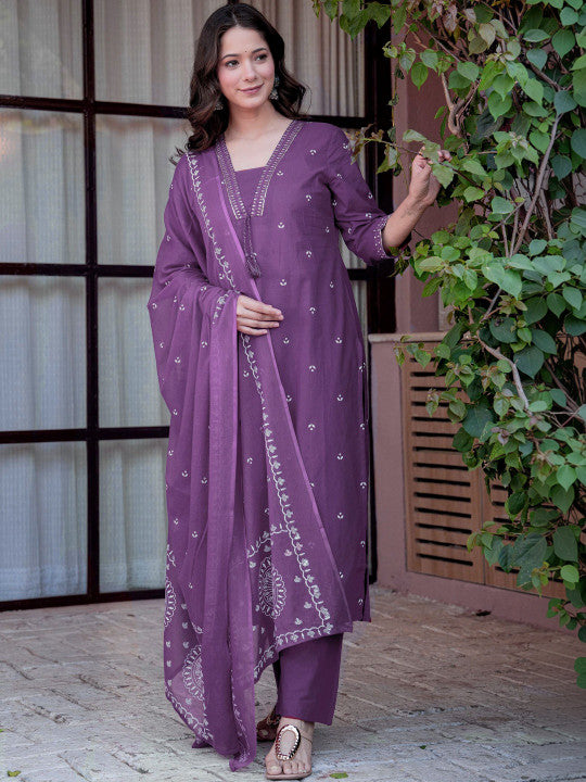 Women's Pure Cotton Printed Straight Kurta Set with Palazzo Pants & Dupatta