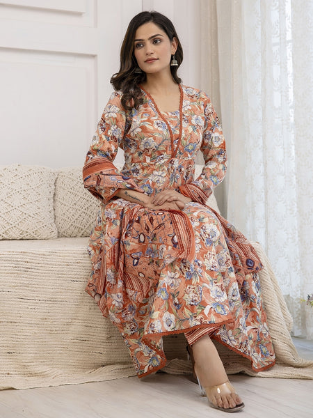 Floral Printed Square Neck Thread Work Anarkali Kurta with Trousers & Dupatta