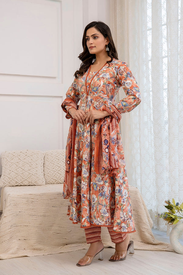 Floral Printed Square Neck Thread Work Anarkali Kurta with Trousers & Dupatta