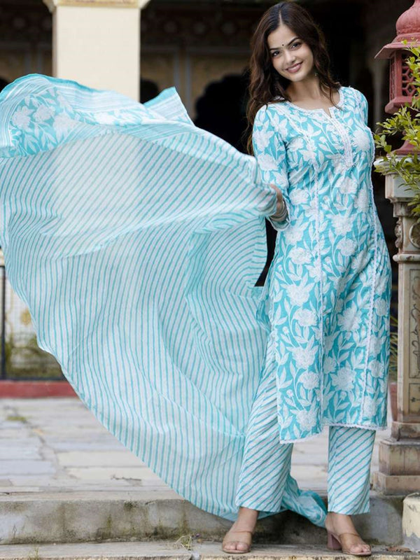 Floral Printed Notch Neck Pure Cotton Kurta With Trousers And Dupatta Blue