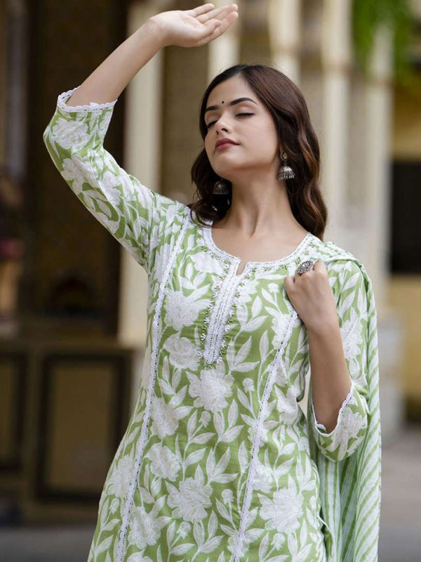 Floral Printed Notch Neck Pure Cotton Kurta With Trousers And Dupatta Green