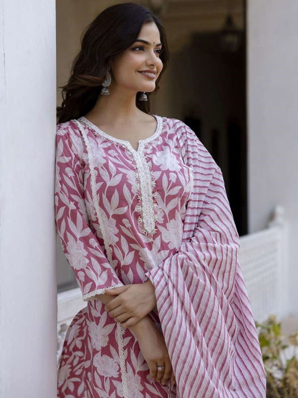 Floral Printed Notch Neck Pure Cotton Kurta With Trousers And Dupatta