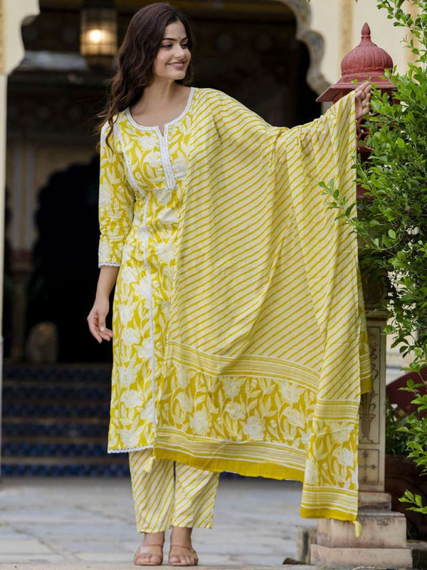 Floral Printed Notch Neck Pure Cotton Kurta With Trousers And Dupatta Yellow