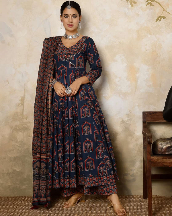 Ethnic Motifs Printed Mirror Work Pure Cotton Kurta With Trousers With Dupatta