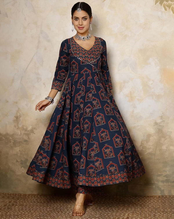 Ethnic Motifs Printed Mirror Work Pure Cotton Kurta With Trousers With Dupatta
