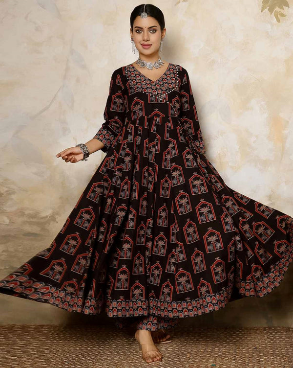 Ethnic Motifs Printed Mirror Work Pure Cotton Kurta With Trousers With Dupatta