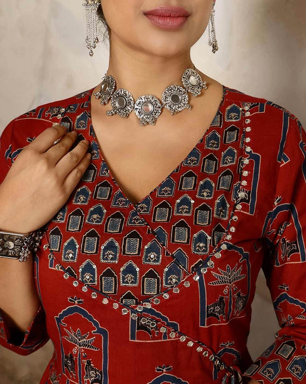 Ethnic Motifs Printed Mirror Work Pure Cotton Kurta With Trousers With Dupatta