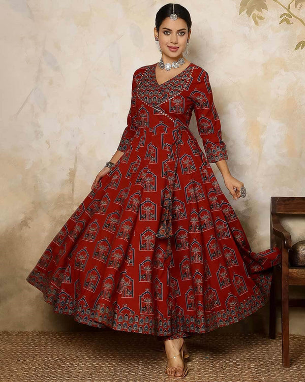 Ethnic Motifs Printed Mirror Work Pure Cotton Kurta With Trousers With Dupatta