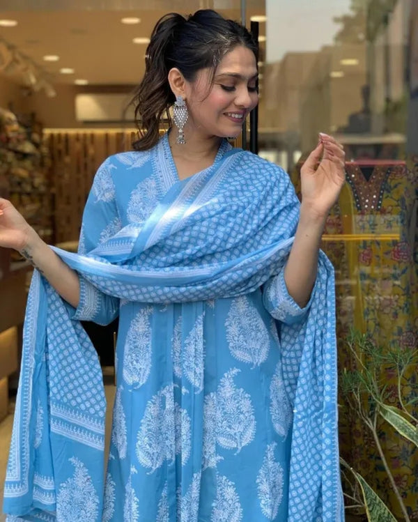 Women's Rayon Blend Anarkali Printed Kurta with Pant & Dupatta & Dupatta