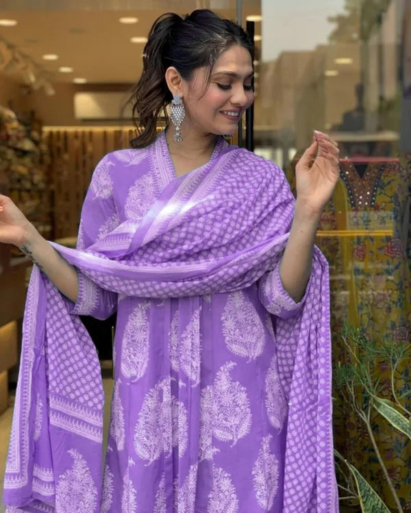 Women's Rayon Blend Anarkali Printed Kurta with Pant & Dupatta