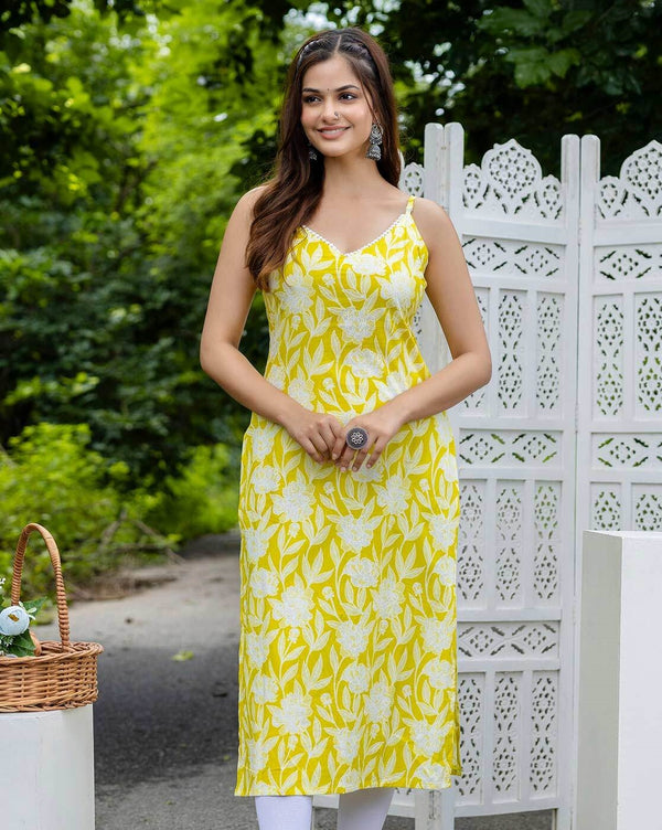 Floral Printed V-Neck Shoulder Straps Pure Cotton Straight Kurta