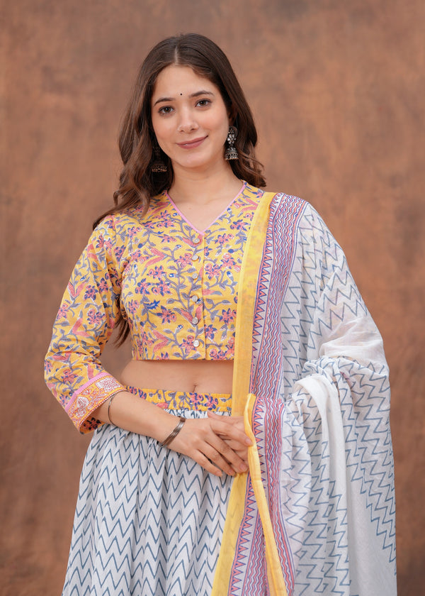 Floral Printed Block Print Pure Cotton Ready to Wear Lehenga With Blouse & Dupatta