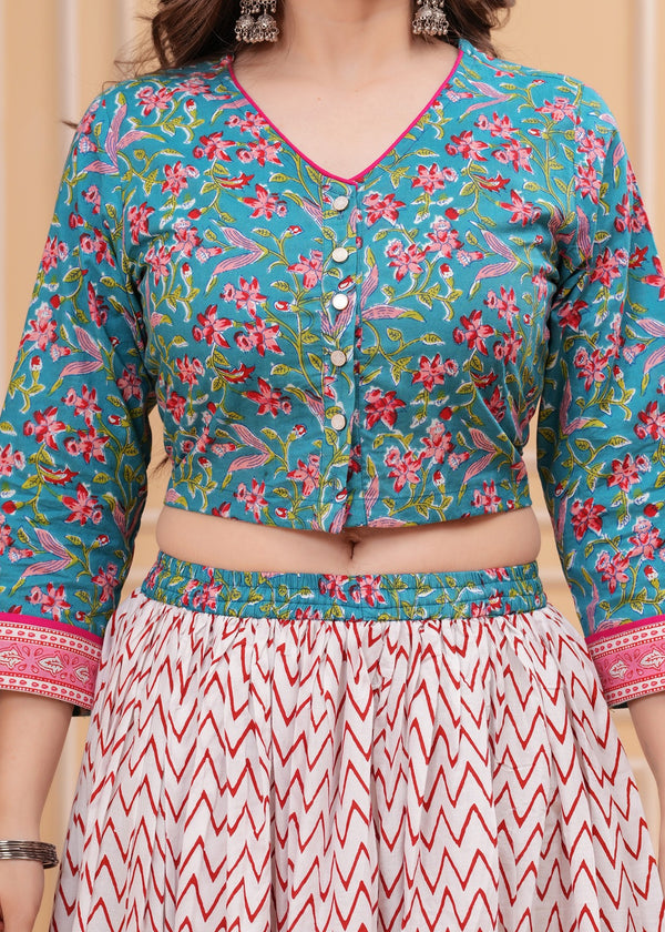 Floral Printed Block Print Pure Cotton Ready to Wear Lehenga With Blouse & Dupatta