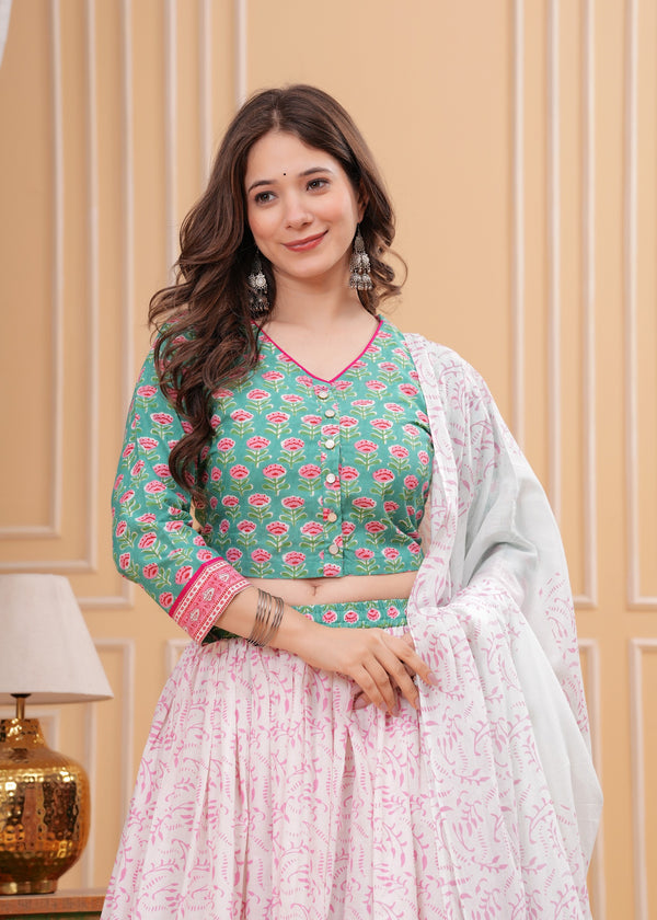 Floral Printed Block Print Pure Cotton Ready to Wear Lehenga With Blouse & Dupatta