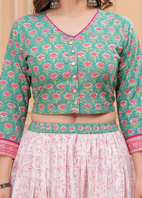 Floral Printed Block Print Pure Cotton Ready to Wear Lehenga With Blouse & Dupatta