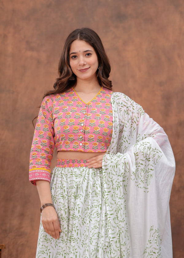 Floral Printed Block Print Pure Cotton Ready to Wear Lehenga With Blouse & Dupatta