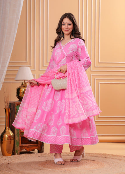 Printed Anarkali Pure Cotton Kurta with Trousers & with Dupatta