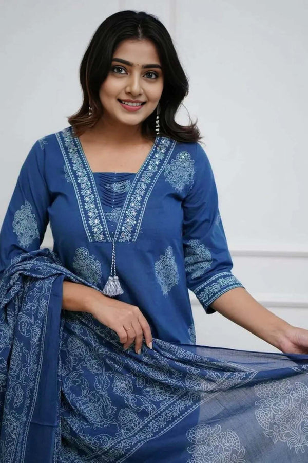 Women's Pure Cotton Printed with Handwork Kurta with Pants and Dupatta Set
