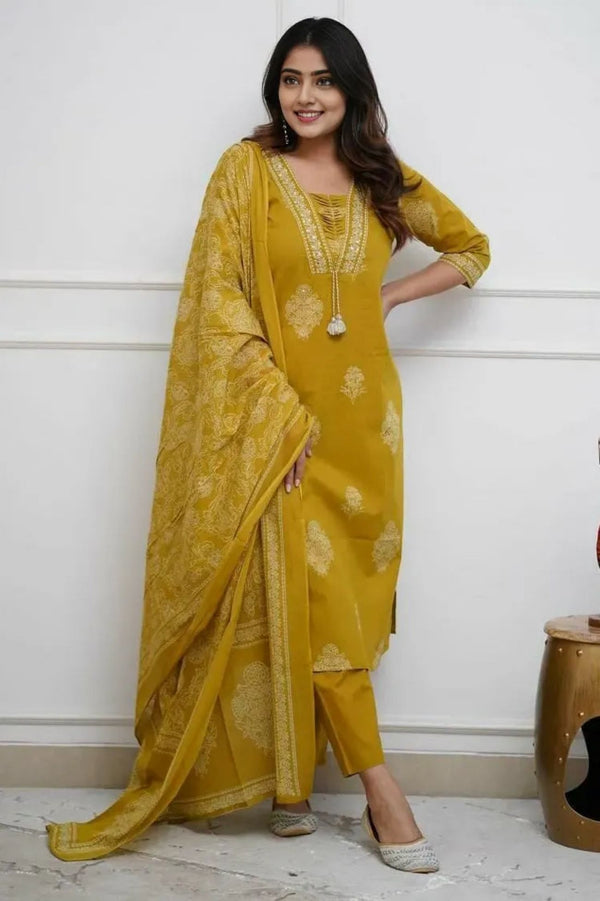 Women's Pure Cotton Printed with Handwork Kurta with Pants and Dupatta Set