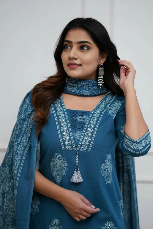 Women's Pure Cotton Printed with Handwork Kurta with Pants and Dupatta Set