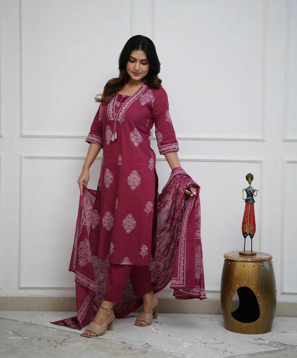 Women's Pure Cotton Printed with Handwork Kurta with Pants and Dupatta Set