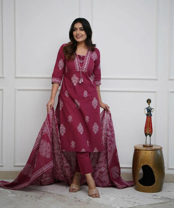 Women's Pure Cotton Printed with Handwork Kurta with Pants and Dupatta Set