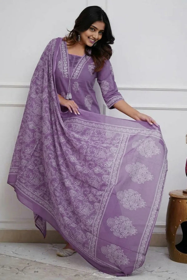 Women's Pure Cotton Printed with Handwork Kurta with Pants and Dupatta Set
