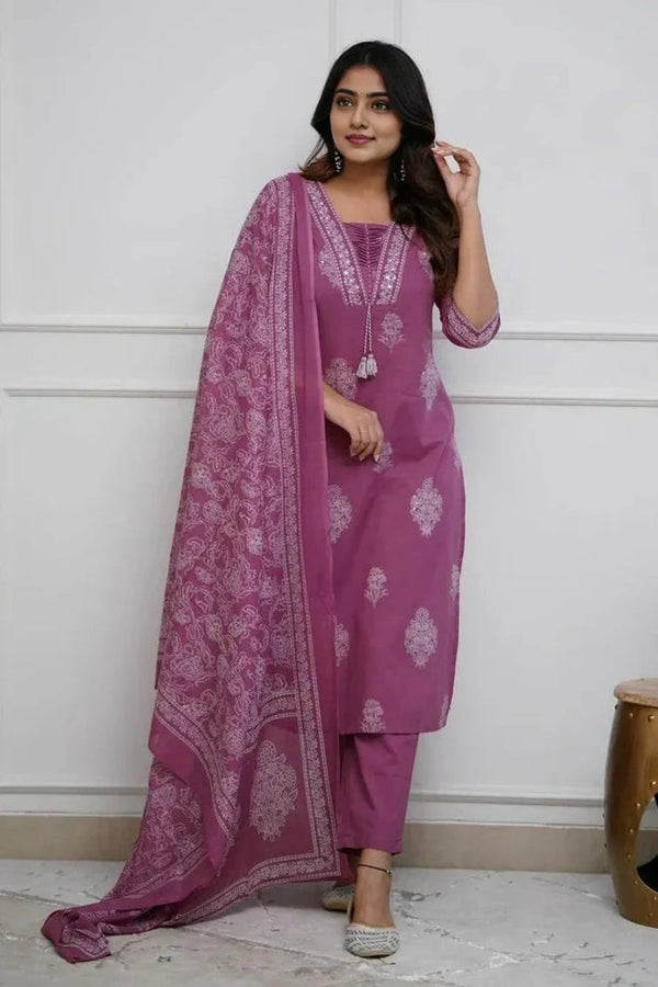 Women's Pure Cotton Printed with Handwork Kurta with Pants and Dupatta Set