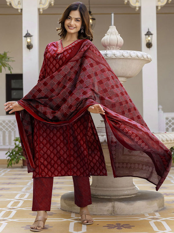 Women's Pure Cotton Printed Handwork Kurta with Pants & Dupatta Set