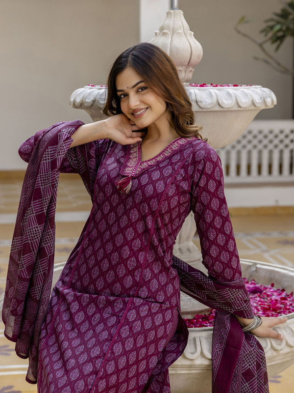 Women's Pure Cotton Printed Handwork Kurta with Pants & Dupatta Set