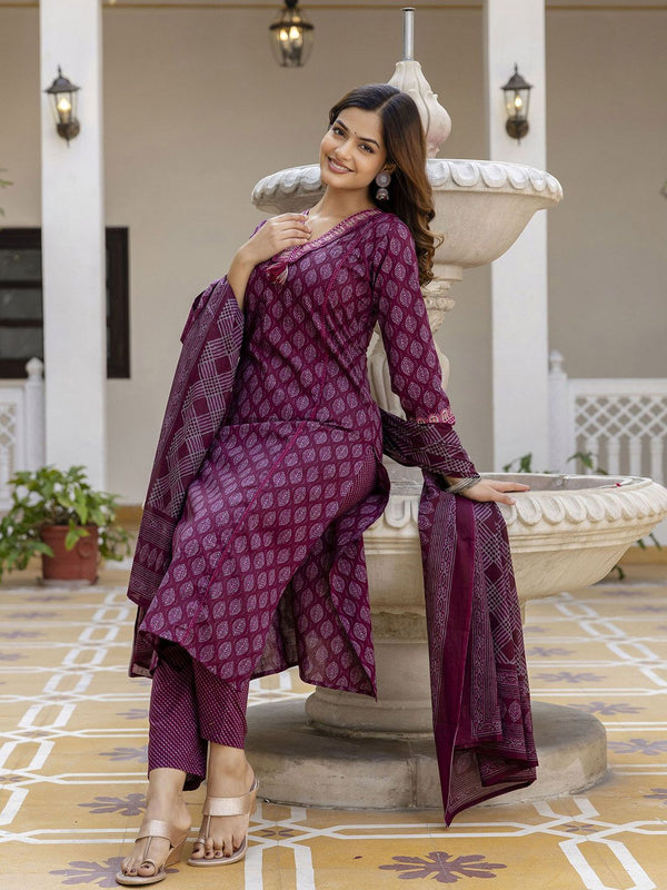 Women's Pure Cotton Printed Handwork Kurta with Pants & Dupatta Set