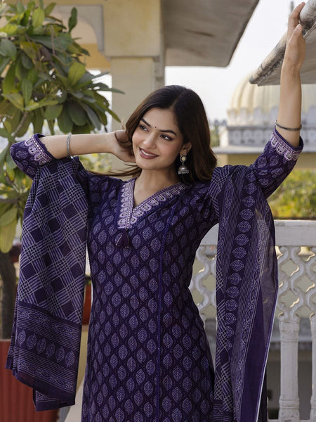 Women's Pure Cotton Printed Handwork Kurta with Pants & Dupatta Set