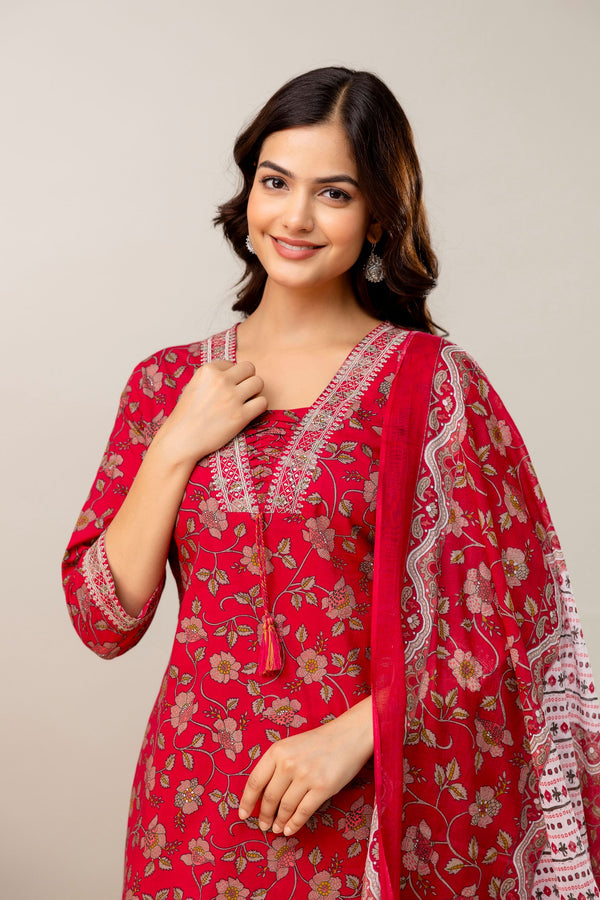 Floral Printed Sequunied V-Neck Pure Cotton Straight Kurta With Trousers & Dupatta