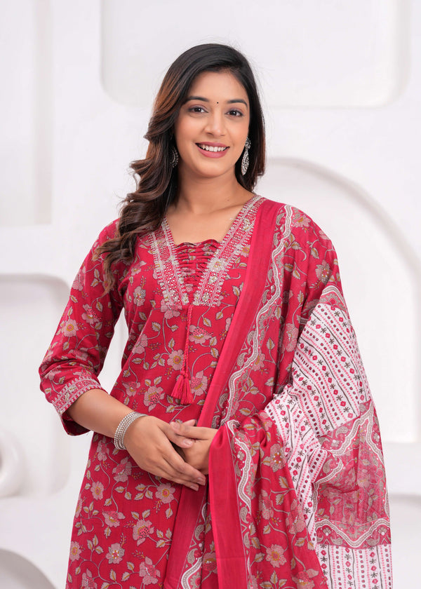 Floral Printed Sequunied V-Neck Pure Cotton Straight Kurta With Trousers & Dupatta