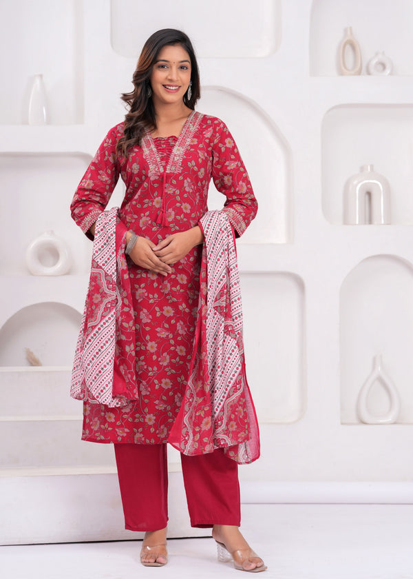 Floral Printed Sequunied V-Neck Pure Cotton Straight Kurta With Trousers & Dupatta