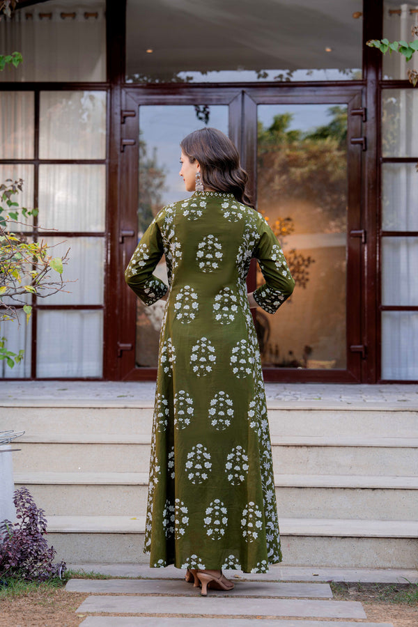Women's Printed Pure Cotton Anarkali Kurta (Green)