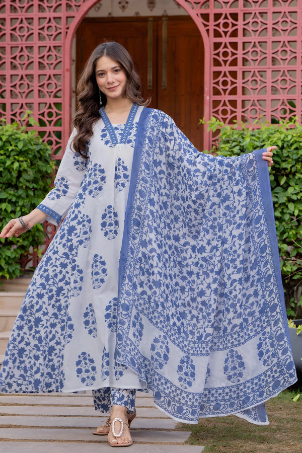 Floral Printed V-Neck Pure Cotton Anarkali Kurta With Trousers & Dupatta