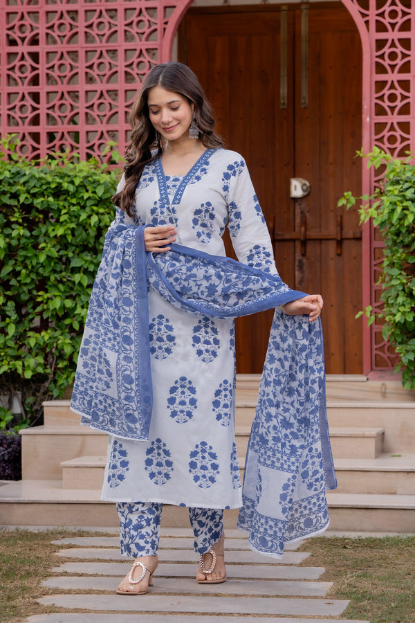Women's Pure Cotton Printed Straight Kurta Set with Palazzo Pants & Dupatta