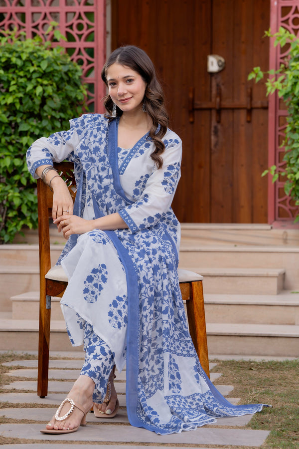 Women's Cotton Printed Straight Kurta Set with Palazzo & Dupatta