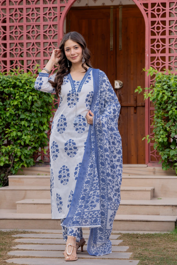 Women's Cotton Printed Straight Kurta Set with Palazzo & Dupatta