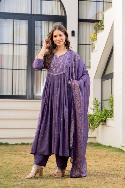 Women’s 100% Pure Cotton Anarkali Kurta Set with Pant & Dupatta | Embroidered Flared Kurta | Elegant Ethnic Suit