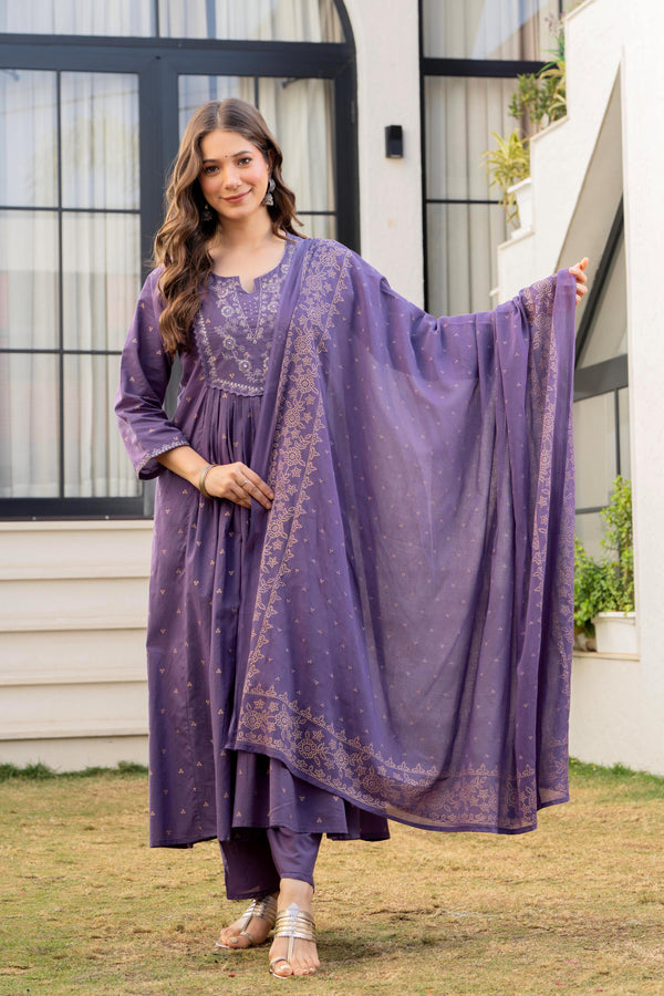 Women’s 100% Pure Cotton Anarkali Kurta Set with Pant & Dupatta | Embroidered Flared Kurta | Elegant Ethnic Suit
