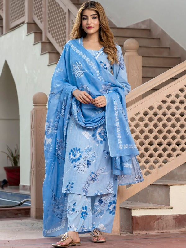 Gekha Women's Pure Cotton Printed Straight Kurta With Embroidered Palazzo Pants & Dupatta Set- Ethnic Wear