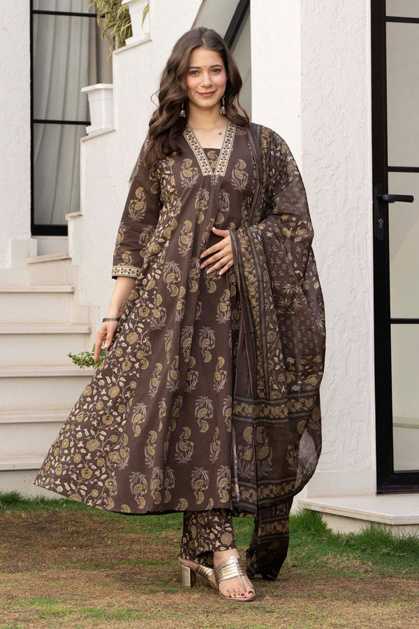 GEKHA Women’s Cotton Printed Flared Kurta Set with Pants & Dupatta | Elegant Ethnic Wear for Women | Floral Print | Comfortable Suit Set