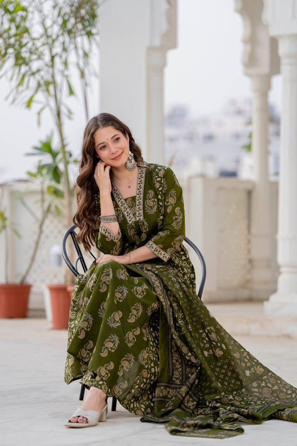 GEKHA Women’s Cotton Printed Flared Kurta Set with Pants & Dupatta | Elegant Ethnic Wear for Women | Floral Print | Comfortable Suit Set