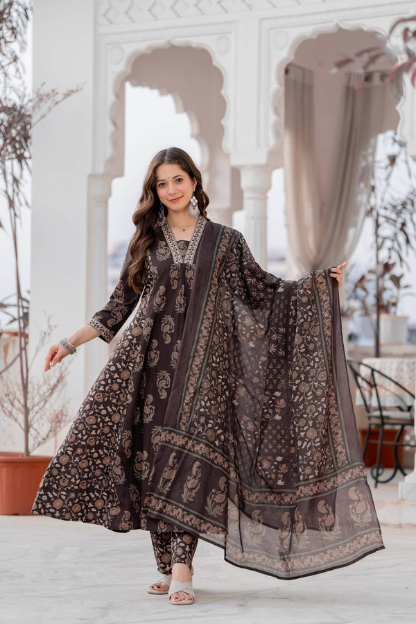 GEKHA Women’s Cotton Printed Flared Kurta Set with Pants & Dupatta | Elegant Ethnic Wear for Women | Floral Print | Comfortable Suit Set