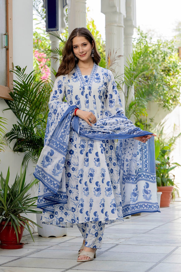 GEKHA Women’s Cotton Printed Flared Kurta Set with Pants & Dupatta | Elegant Ethnic Wear for Women | Floral Print | Comfortable Suit Set
