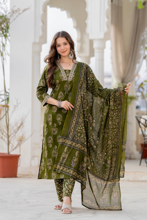 Cotton Printed straight  Kurta Set with Pants & Dupatta