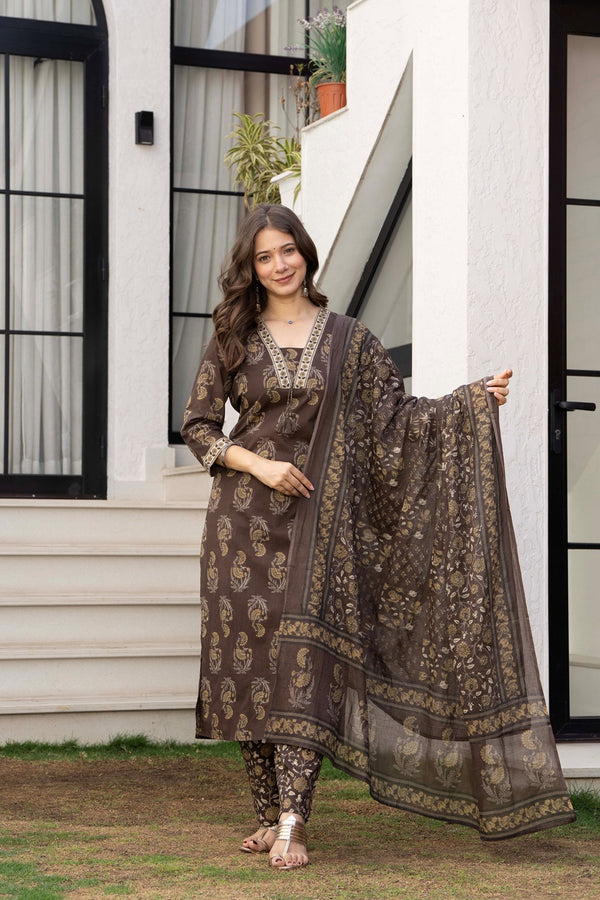 GEKHA Women’s Cotton Printed straight  Kurta Set with Pants & Dupatta | Elegant Ethnic Wear for Women | Floral Print | Comfortable Suit Set