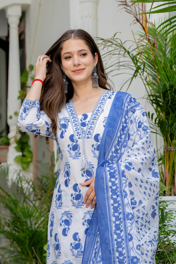 Cotton Printed straight  Kurta Set with Pants & Dupatta